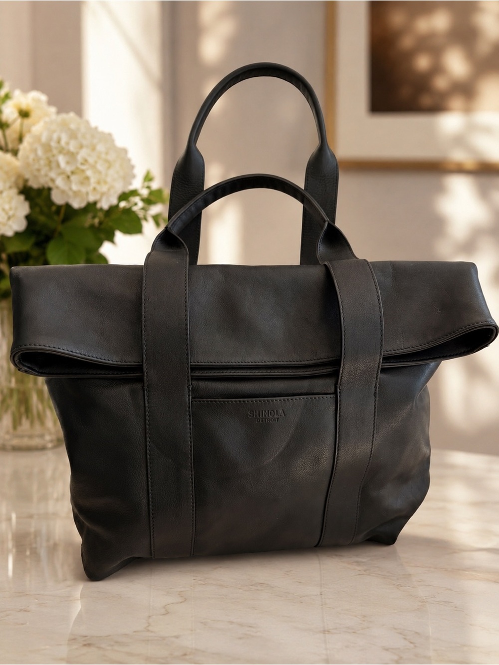 Shinola Detroit Black Leather Large Carryall Tote Work Travel Bag